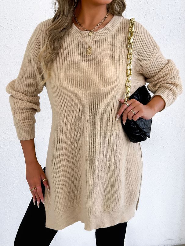Women's Clothing Autumn Winter Knitted Sweater Casual Split Hem Long Sleeve Pullover Top_ecoleips.com