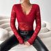 2026 Elegant V-Neck Fan-Shaped Collar Solid Color Long Sleeve Slim Fit Pullover Lace Top Versatile_ecoleips.com