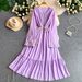 Women's French Style Beaded round Neck Dress Elegant Summer Texture Pleats Ruffles Long Skirt Gentle Dress_ecoleips.com