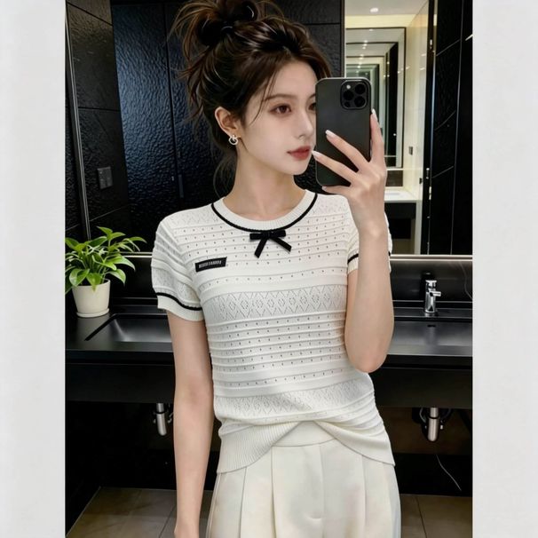 French-style Hollow Crochet Knit Wo, 2026 Summer French Style With Contrasting Color Trim And Bow, Elegant Top For_ecoleips.com