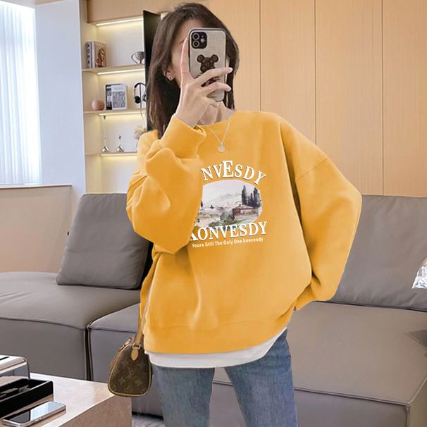 Korean Style Women's Sweatshirt Loose Casual round Neck Fleece Lined Thickened Autumn Winter Top_ecoleips.com