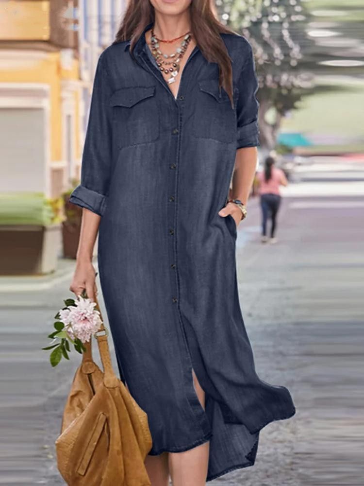Women's Classic Denim Shirt Dress With Pocket – A-Line Long Sleeve Casual Maxi Skirt For Everyday Wear (Blue, Dark Blue, Black Grey, S-5xl)_ecoleips.com