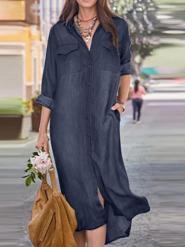 Women's Classic Denim Shirt Dress With Pocket – A-Line Long Sleeve Casual Maxi Skirt For Everyday Wear (Blue, Dark Blue, Black Grey, S-5xl)_ecoleips.com