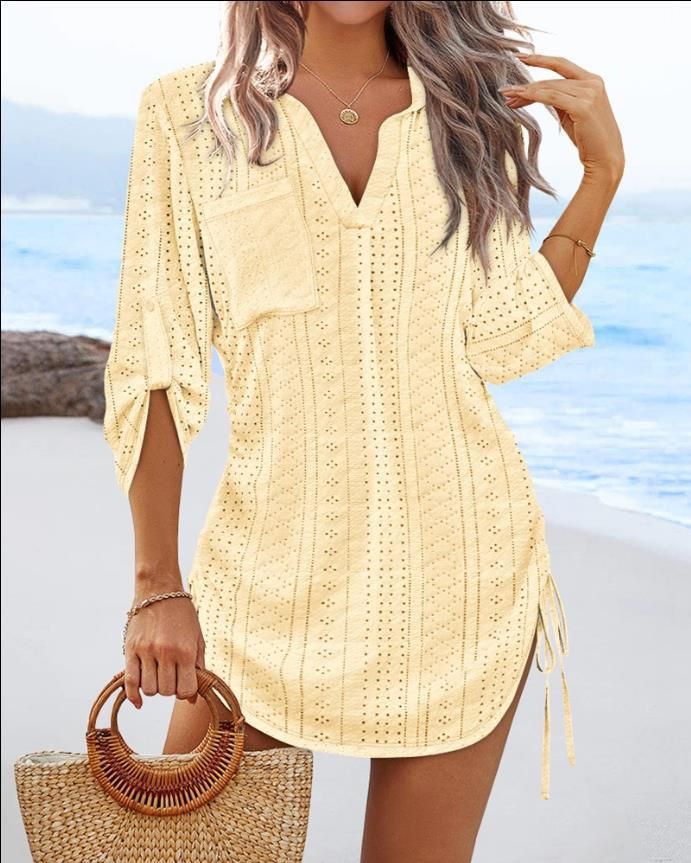 Women's Clothing Spring And Summer New V Neck Roll Sleeve Drawstring Pocket Holiday Skirt_ecoleips.com