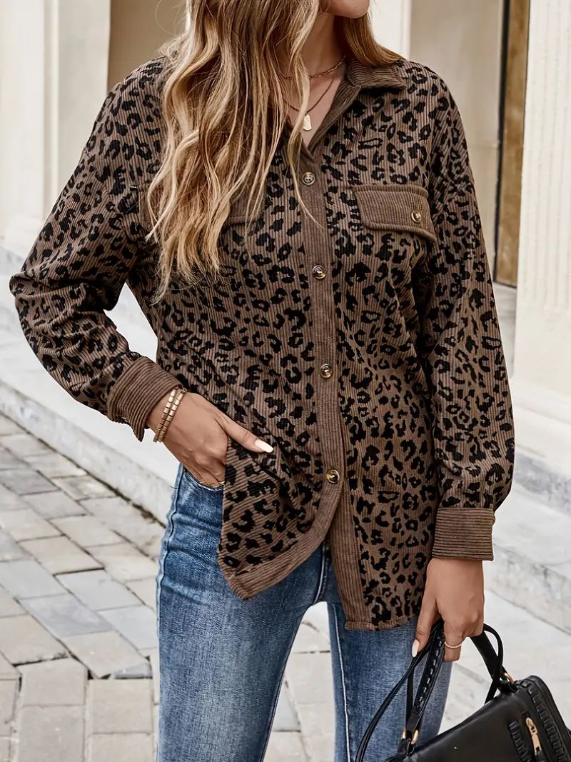 Women's Leopard Print Corduroy Long Sleeve Jacket Button Up Outerwear For Autumn Winter Fashion_ecoleips.com
