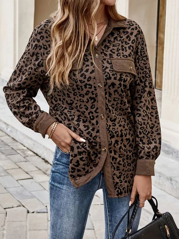 Women's Leopard Print Corduroy Long Sleeve Jacket Button Up Outerwear For Autumn Winter Fashion_ecoleips.com