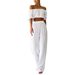 Women's European American Two Piece Suit Pure Cotton Wrinkled Cloth High Waist Wide Leg Pants Short Sleeved Top Solid Color Summer Casual_ecoleips.com