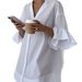 Women's Clothing Elegant Casual Long Sleeve Shirt Solid Color Effortless Elegance – Crinkle Texture V-Neck Blouse With Flounce Hem For Office & Beyond_ecoleips.com