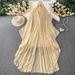 Women's Clothing High End Hot Diamond Beading V Neck Hooded Trumpet Sleeve Dress High End Temperament Irregular Chiffon Long Skirt_ecoleips.com