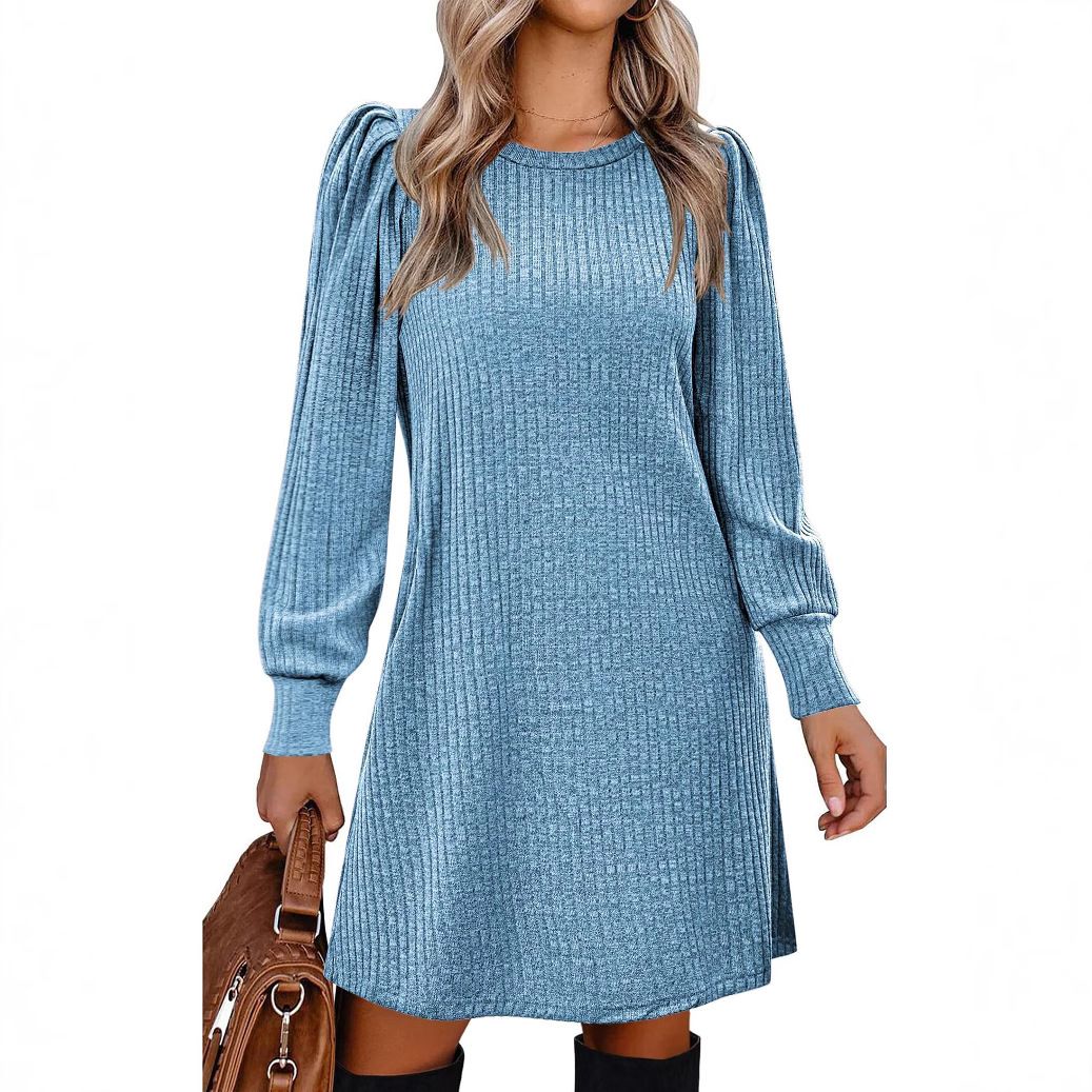 Women's Round Neck Puff Sleeve Mid Length Dress Brushed Ribbed Solid Color Autumn Winter Fashion_ecoleips.com