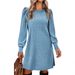 Women's Round Neck Puff Sleeve Mid Length Dress Brushed Ribbed Solid Color Autumn Winter Fashion_ecoleips.com