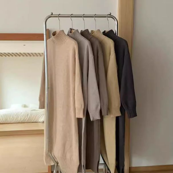 Oversized Knit Sweater Dress – High Waist Long Sleeve Slit Hem Tunic For Women, Soft Rayon-Polyester Blend, Fall/Winter Layering Essential_ecoleips.com