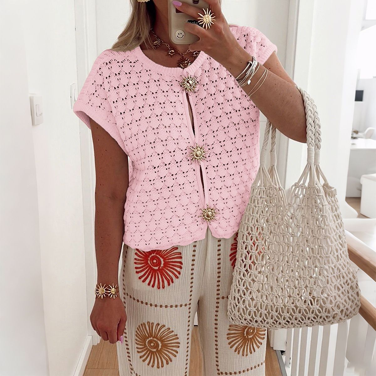 DiYun Women's Minimalist Hollow T-Shirt Short Sleeved Knitted Top European American Style Vacation Wear For Autumn Winter_ecoleips.com