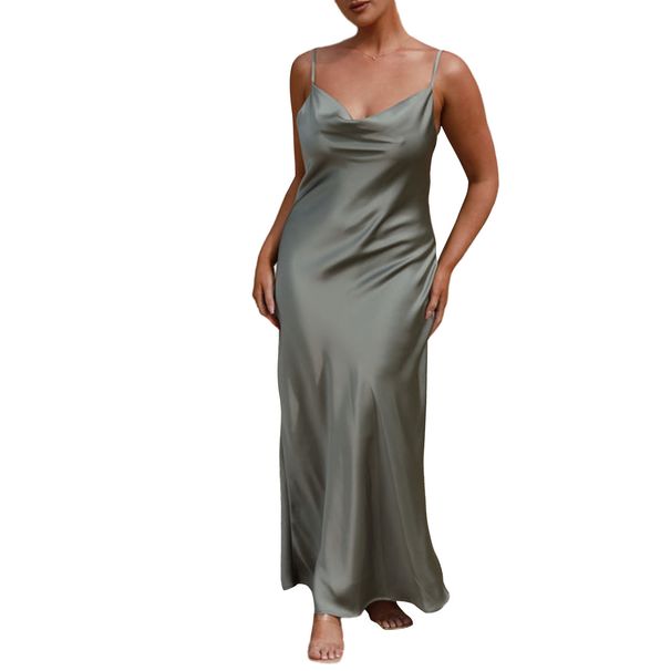Women's Clothing Women's Draped Neck Glossy Satin Party Dress Long Skirt New Style_ecoleips.com