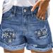 Vintage Women Denim Shorts With Floral Embroidery, Ripped Distressed Cuffed Hem Summer Casual Shorts For Ladies_ecoleips.com