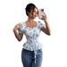 Women’s Clothing French Print Square Collar Puff Sleeve Waist Drawstring Shirt Short Top Floral_ecoleips.com