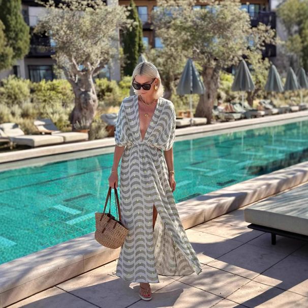 Women's Clothing Summer New Dresses Printed V Neck Waist Holiday Big Swing Dress_ecoleips.com