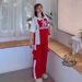 Women's American Style Street Style Cargo Pants Set Summer Fashion Sweet Cool Short Sleeved T-Shirt Red Casual Pants Two Piece Set_ecoleips.com