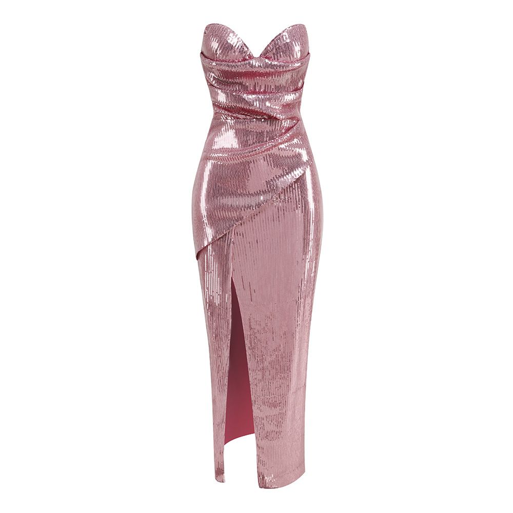 Women's Clothing Sequined Backless Skirt Slim Back Lace Up Slit Irregular Long Dress For Women_ecoleips.com