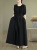Cotton Vintage Casual Loose Solid Color Dresses For Women Spring Summer Short Sleeve Dress Femme Robe Vestidos Elegant Clothing_ecoleips.com