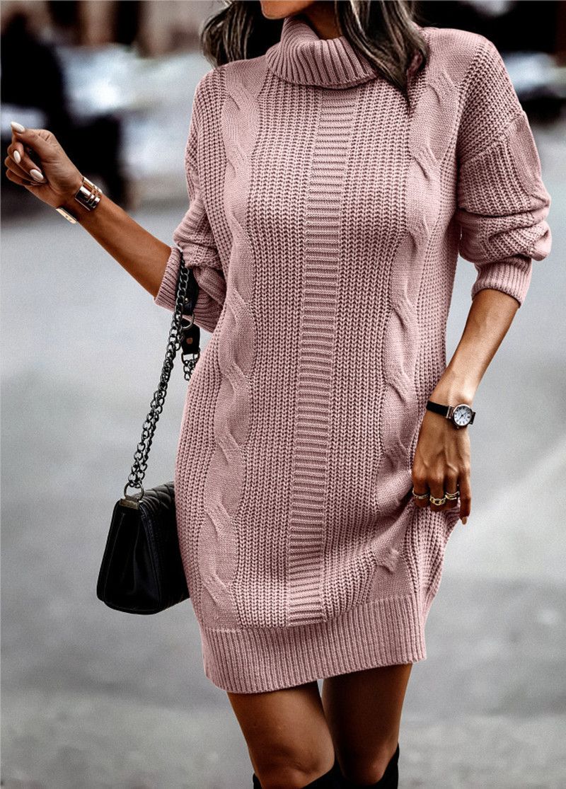 Women's Solid Color High Neck Long Sleeve Sweater Dress - Cozy Winter Pullover For Casual & Office Wear_ecoleips.com