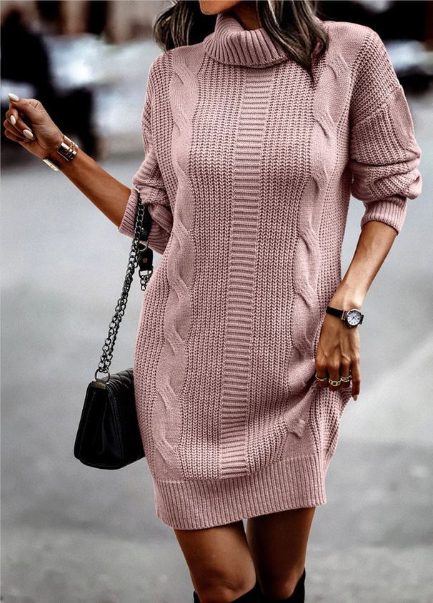 Women's Solid Color High Neck Long Sleeve Sweater Dress - Cozy Winter Pullover For Casual & Office Wear_ecoleips.com
