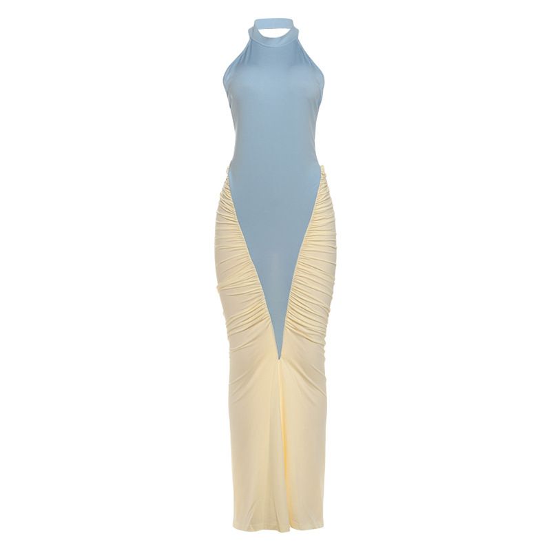 Summer New Women's Elegant Sexy Halter Neck Backless Dress Style Color Blocking Slim Bodycon Clothing_ecoleips.com
