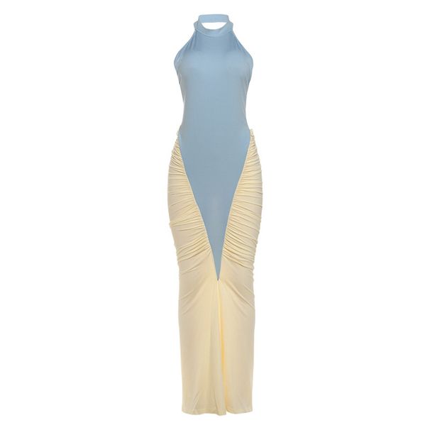 Summer New Women's Elegant Sexy Halter Neck Backless Dress Style Color Blocking Slim Bodycon Clothing_ecoleips.com