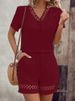 K V-neck Patchwork Short Sleeved Solid Color Shorts Set For Women_ecoleips.com