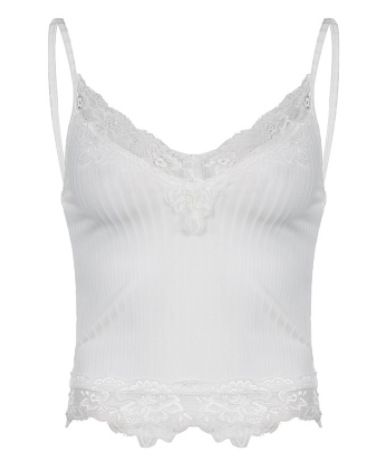 Lace Trim Spliced Ribbed Deep V Camisole, European And American Summer New Women's Clothing, Cropped Sexy Slim-fit Tank_ecoleips.com