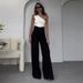 Women's Clothing fashion solid color oblique collar slim fit top high waist wide leg pants suit_ecoleips.com