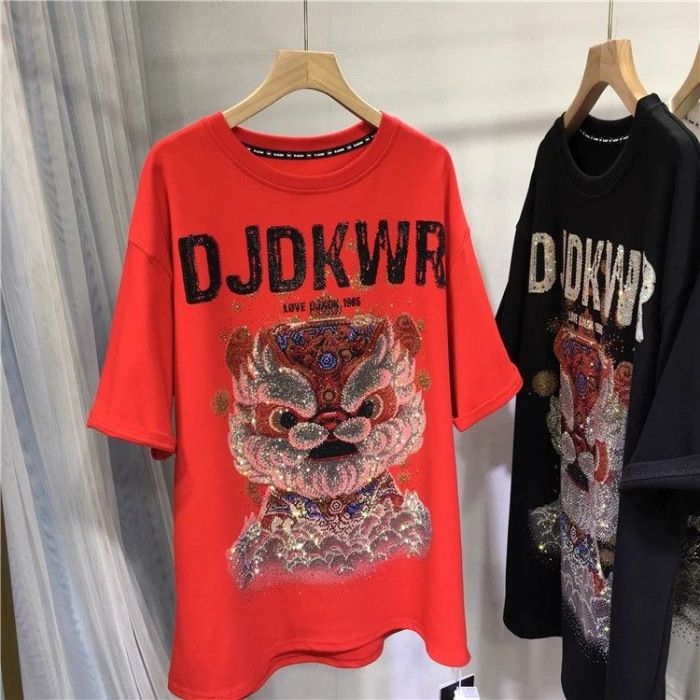Women's Clothing pounds fat mm heavy industry hot diamond short sleeved T shirt women's New Year red dragon loose thickened brushed top_ecoleips.com