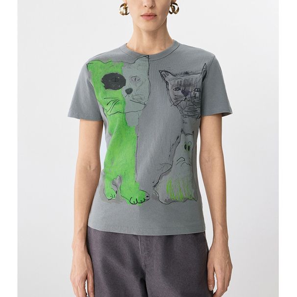 ng2510292 Jiang* Order 2026 Early Spring New Short-Sleeve T-Shirt For Women With Cat And Dog Design, Versatile Top_ecoleips.com
