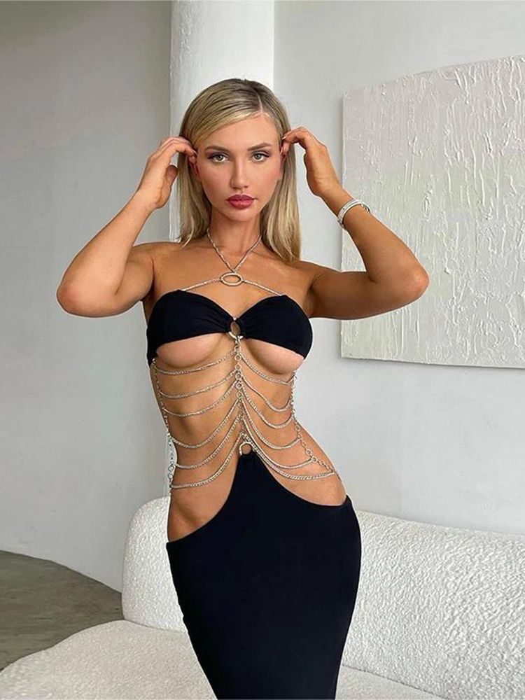 Hugcitar Pure Color Chain Halter Bandage Sleeveless Backless Revealing Slim Maxi Dress Fall Women Fashion Elegant Party Y2K_ecoleips.com