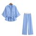 Women's Clothing V Neck Waist Short Sleeved Hunting Shirt Pleated High Waist Trousers_ecoleips.com