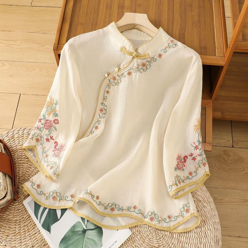 Chinese-Style Embroidered Cotton-Linen Short-Sleeve Women's Vintage Top, Frog Buttons, Artistic Summer Diagonal Tea Jack_ecoleips.com