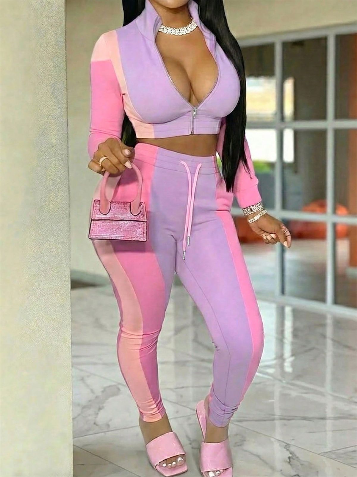 Women's Color Block Patchwork Jacket Long Sleeve Short Top Style Spring Autumn Fashionable Casual Jogger Pants Set_ecoleips.com