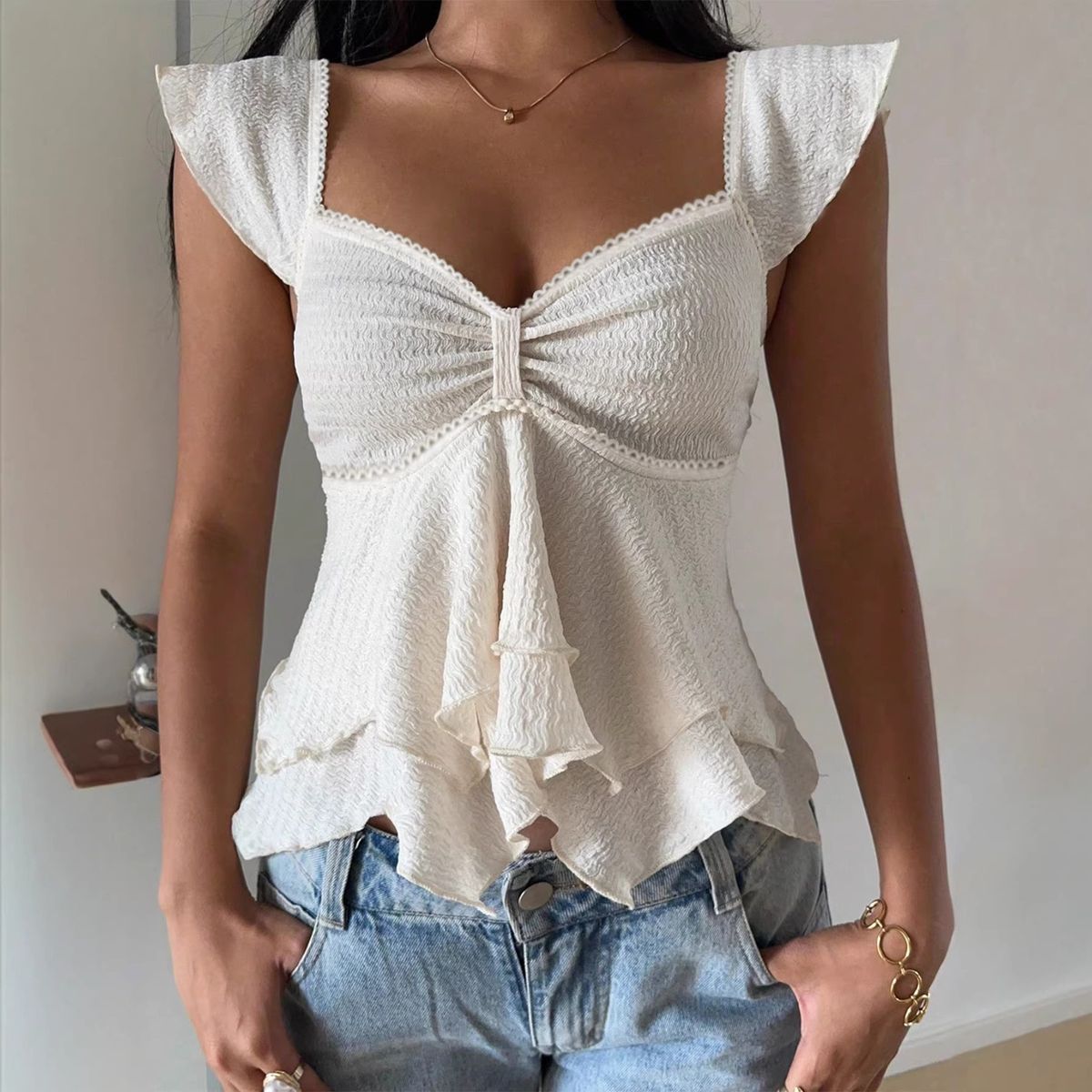 Textured Backless Cropped Top European American Style Square Neck Ruffled Hem Short Sleeve Off-Shoulder Sexy Blouse for Women_ecoleips.com