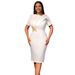 Elegant Round Neck Ruffle Hem Dress – Flattering High Waist Bodycon Midi Dress With Short Sleeves (White, Polyester-Spandex Blend)_ecoleips.com