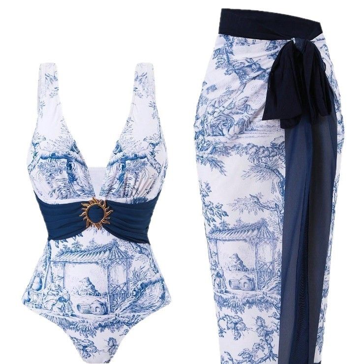 Elegant Retro Print One-Piece Swimsuit Slimming Design Sexy Comfortable Women's Beach Pool Swimwear_ecoleips.com