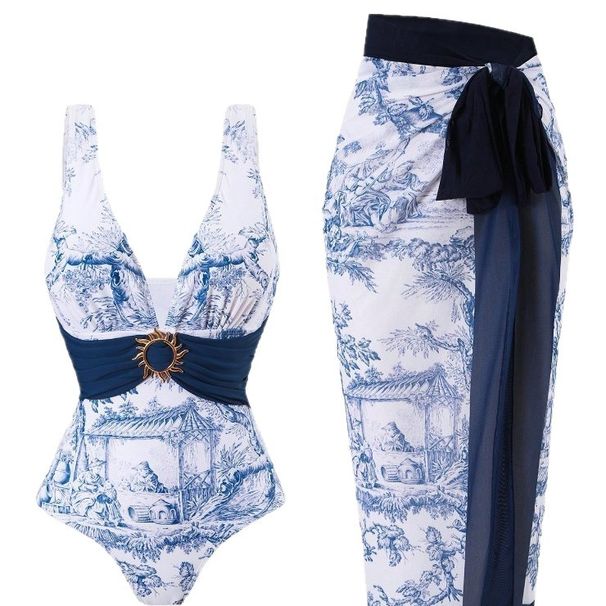 Elegant Retro Print One-Piece Swimsuit Slimming Design Sexy Comfortable Women's Beach Pool Swimwear_ecoleips.com