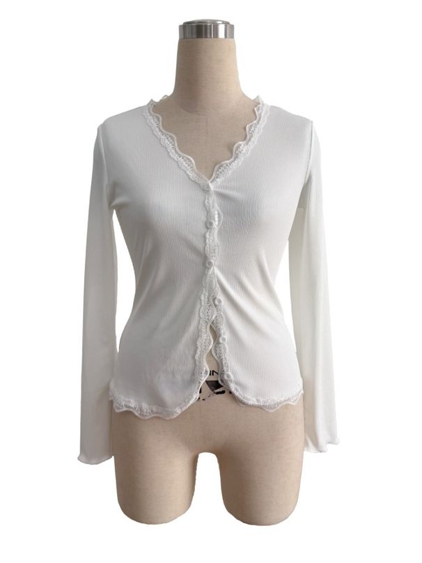 K New V-neck Lace Patchwork Anti-crease Cardigan T-shirt Long-sleeved Women's Top_ecoleips.com