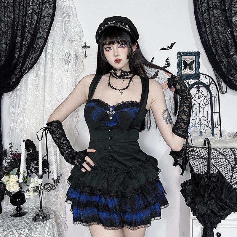 Subculture Dark Sexy Slim Fit Plaid Top for Women Gothic Style Vest Versatile Summer New Arrivals_ecoleips.com