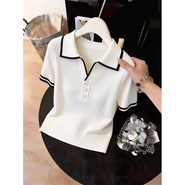 Women's White Collared Knit Top Short Sleeved Color Blocked Ribbed Design Slimming Elegant Summer New Style_ecoleips.com