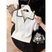 Women's White Collared Knit Top Short Sleeved Color Blocked Ribbed Design Slimming Elegant Summer New Style_ecoleips.com