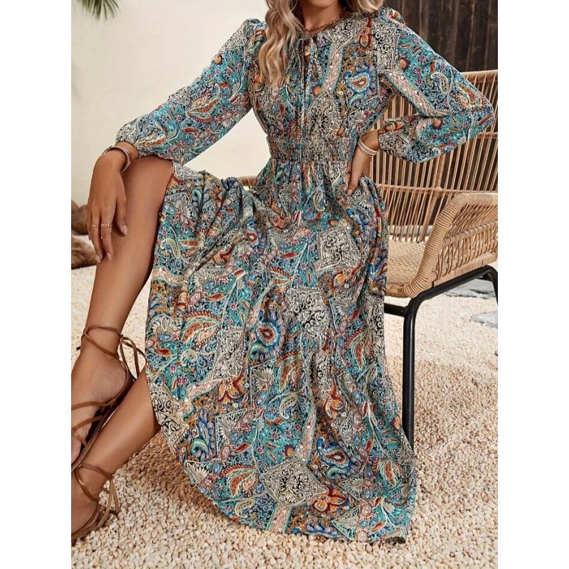 Women's Clothing Autumn New Women's Printed Versatile Long Sleeve Ruffle Dress_ecoleips.com