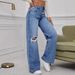 Cross-border European And American Fashion Trend Loose Ripped Women's Washed Pocket Mid-waist Wide-leg Straight Jeans_ecoleips.com