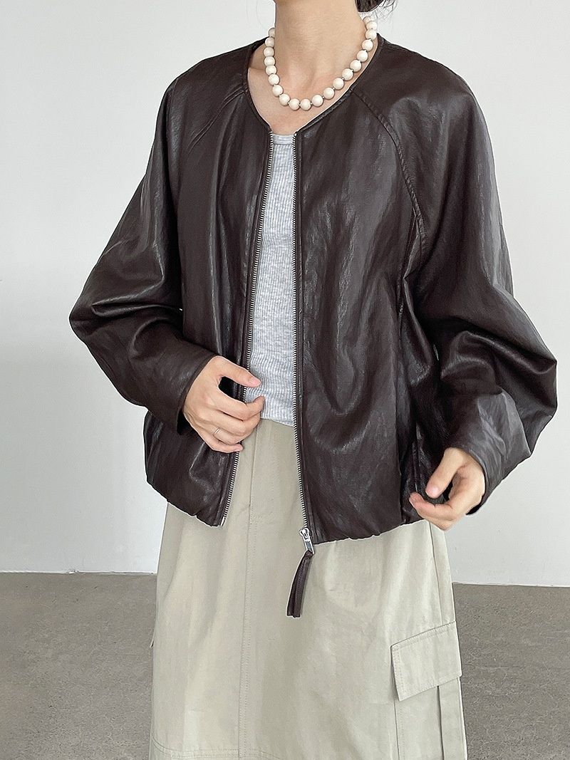Aria Basics Taochuan Korean-style Retro Casual Jacket With A Sophisticated Round Neck And Soft Leather Texture 2786_ecoleips.com