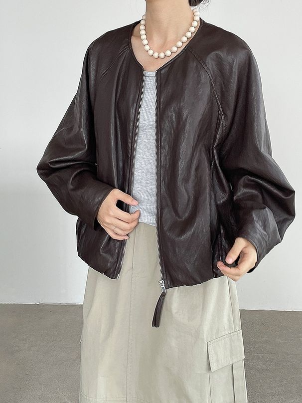 Aria Basics Taochuan Korean-style Retro Casual Jacket With A Sophisticated Round Neck And Soft Leather Texture 2786_ecoleips.com