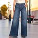 Plus Size Vintage Washed Button Fly Jeans - Mid Rise Relaxed Fit Stretch Denim Pants For Women (Medium Blue, 1XL-4XL)_ecoleips.com